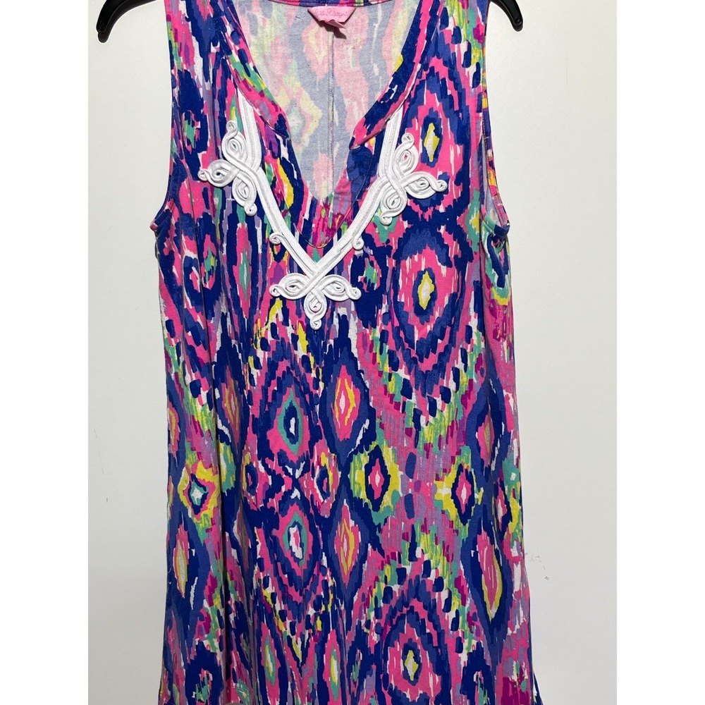 Lilly Pulitzer Pink Blue Ikat Sleeveless Tunic Top Soutache‎ Embroidery Large